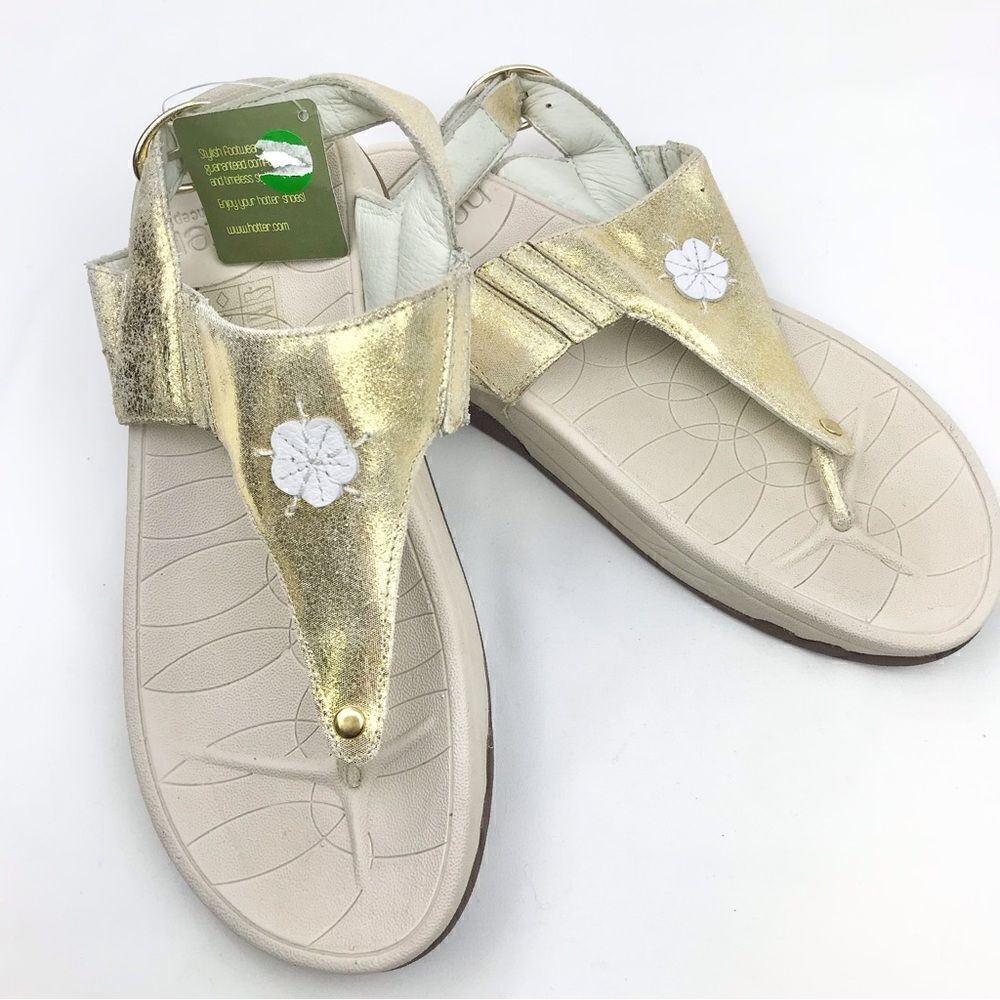 Hotter JAVA Metallic Shimmer Gold Cream Thong Toe Slingback Comfort Sandals NEW